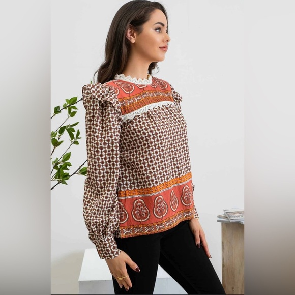 MINE Geometric Peasant Blouse Size Small - Picture 1 of 11